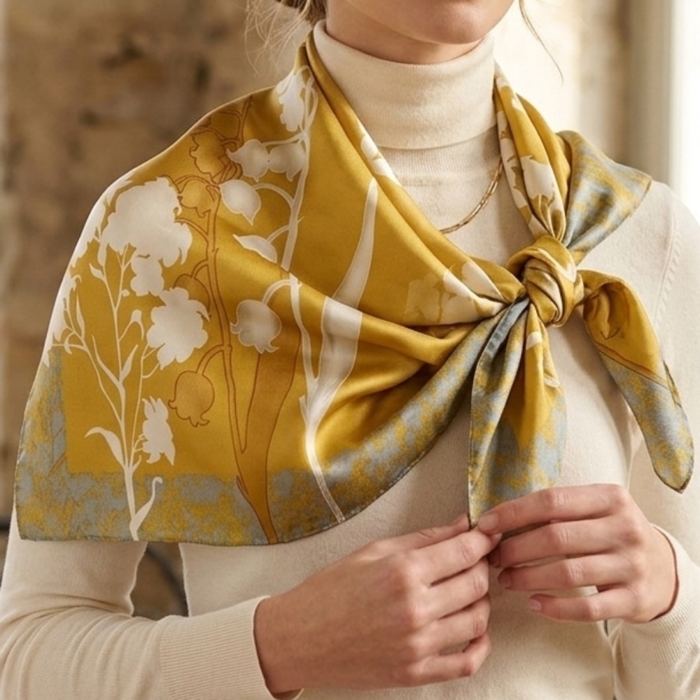NWT Lily of the Valley Floral Satin Neck Scarf Head Wrap Yellow White 35" × 35"